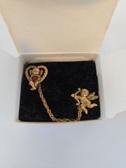 Vtg AVON Gold Tone Angel Cupid Cherub Red Heart Chain Sweater Brooch Pins