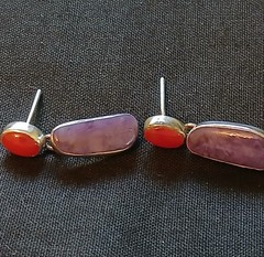 Vintage Silver Tone Southwestern Earrings Red & Purple Cabochon Bezel Dangle