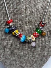 14 Charms some glass, silver tone Colorful NECKLACE 16″ length – NO MARKINGS