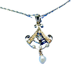 Original EARTH MINED DIAMOND Pearl ART Deco Pendant Medallion Necklaces 14K GOLD