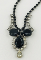Vintage Estate Jet Black Clear Glass Rhinestone Necklace Elegant Long 24″