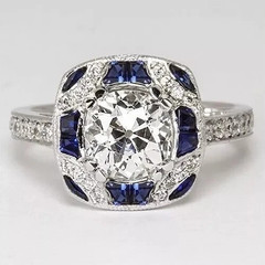 Art Deco Style Lab Created Diamond & Sapphire Engagement 14K White Gold FN Ring