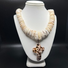 Puka Shell Necklace Vintage 70s w/Hand-Shaped Tiger Cowrie Shell Cross Pendant