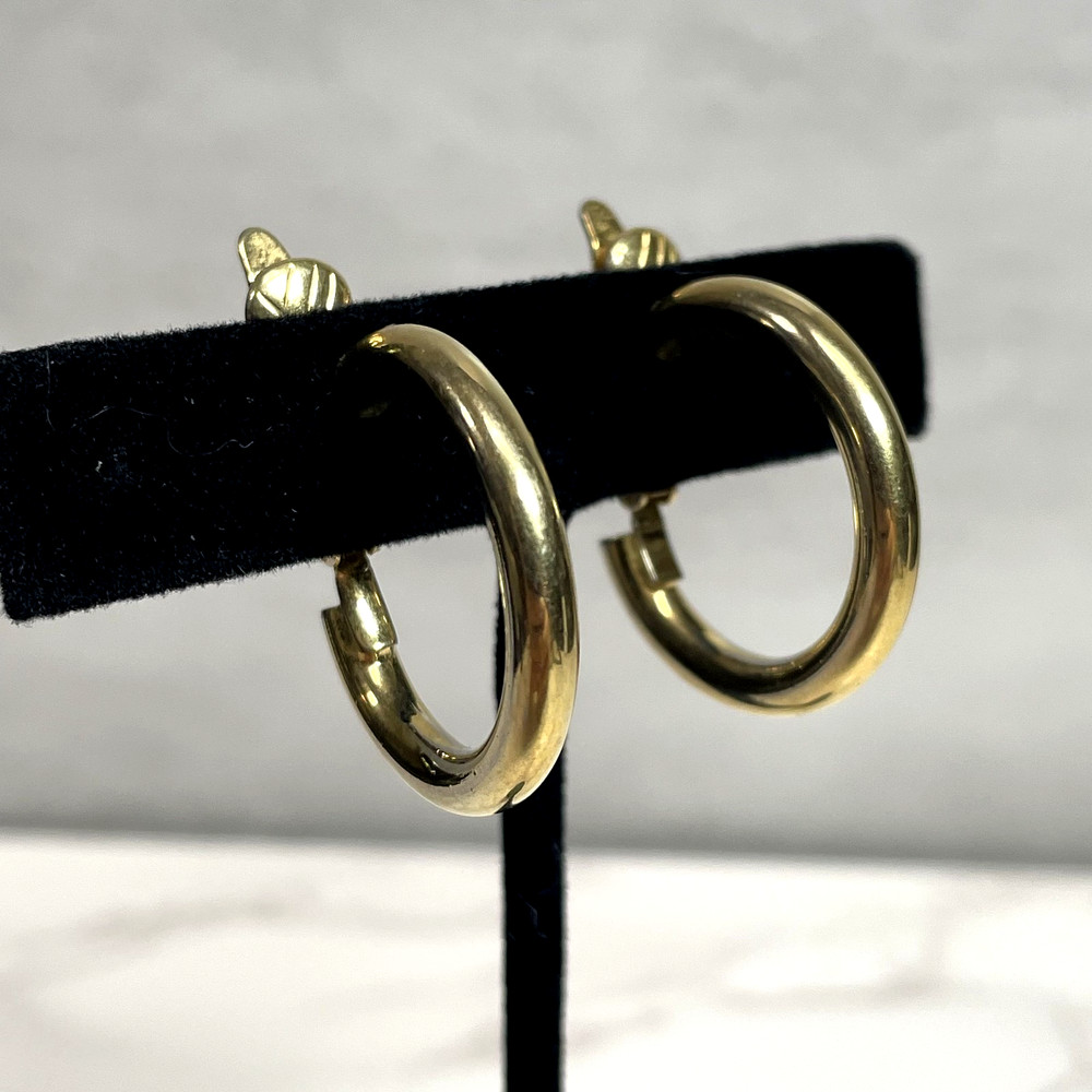 Vintage Trifari Earrings Gold Tone Thick Tubing Hoop Signed Pierced Hinged 1″