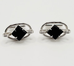Western Style Deep Black Onyx Open Metal Silver Tone Fancy Formal Cufflinks