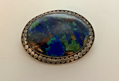 Vintage Brooch Sterling Silver Azurite Malachite Oval Blue Green Gemstone