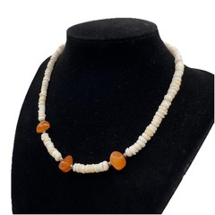 Vintage PUKA Shell Necklace with Carnelian Barrel Clasp 15 in Choker Beachy