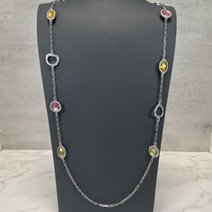 Lia Sophia Gumdrop silvertone necklace w/crystal stations in pink green & yellow