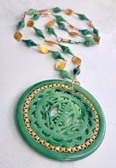 Rare Vintage Large Faux Jade LUCITE Medallion Pendant Necklace Carved—Hong Kong