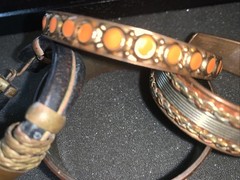 Vintage Brass Copper Bangle Bracelets Ethnic Boho Leather Inlay Lot of 4