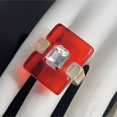 Modernist Lucite Ring Red Clear Rhinestone Size 8 Chunky Post Modern Statement