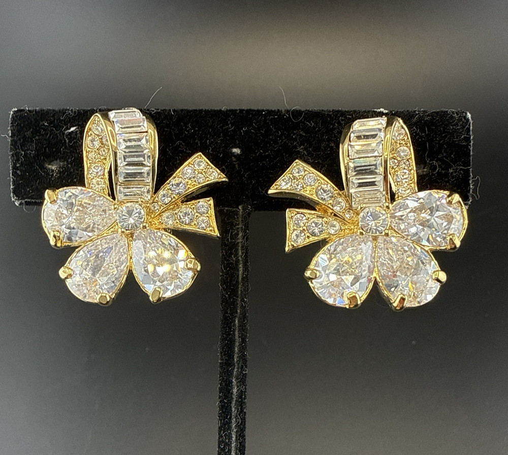 Nolan Miller Earrings Bow Ribbon Gold Tone CLIP ON Rhinestone Cocktail Bling