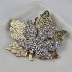 Vintage Silver Tone Gold Tone Rhinestones Classic Maple Leaf Brooch Pin