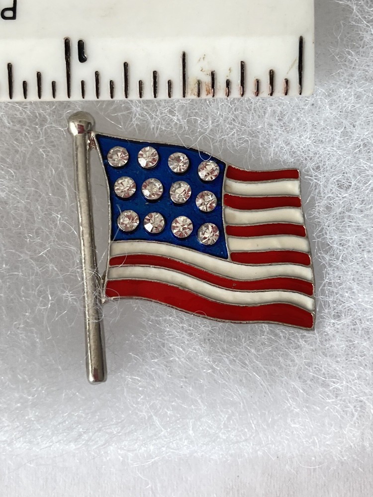 Enamel and Crystal American Flag Lapel Pin Brooch Silver Tone
