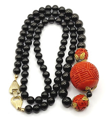 Asian Chinese Inspired Red Carved Cinnabar Black Onyx Bead Beaded Necklace 33 In