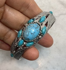 VTG Chateau Swiss Silver Tone Faux Turquoise Hidden Dial Bangle Bracelet Watch