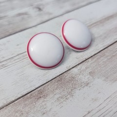 Vintage Stud Earrings For Pierced Ears Slightly Domed White with Red
