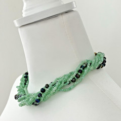 VTG Sea-green Glass Multi-Strand (8) Necklace 2 mm Beads w/Dark Beads Brass Hook