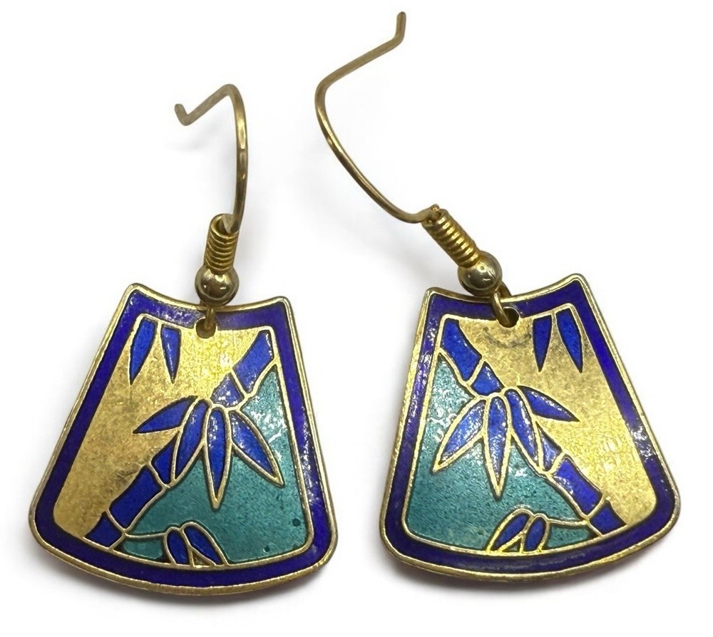 Vintage Cloisonne Earrings Samuel Huang Pierced Hook Dangle Drop Bamboo