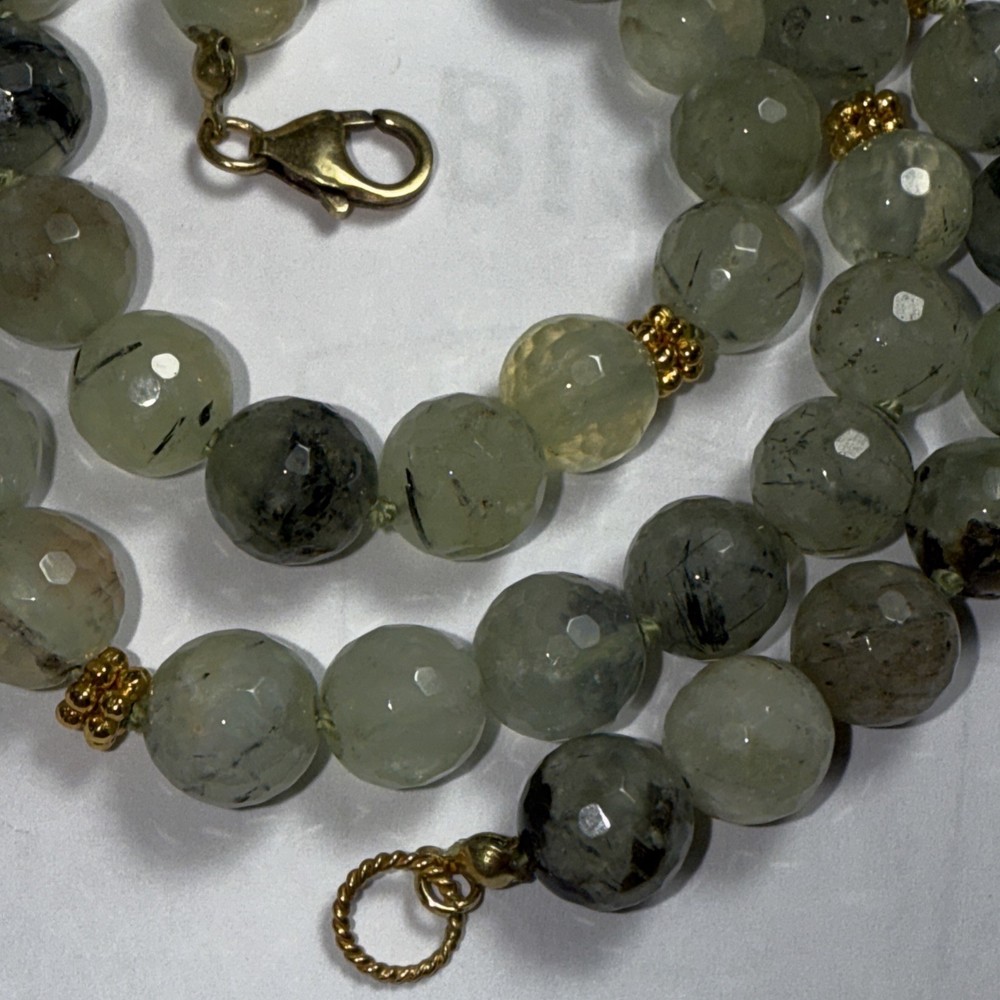 Necklace Green Prehnite Gold Vermeil Clasp Spacer Beads 24” 10mm Faceted Beads