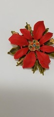 Vintage ART Christmas Holiday Red Painted Poinsettia Brooch