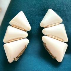 Western Germany Clip On Earrings Vintage White Gold Tone Runway Signed HUGE
