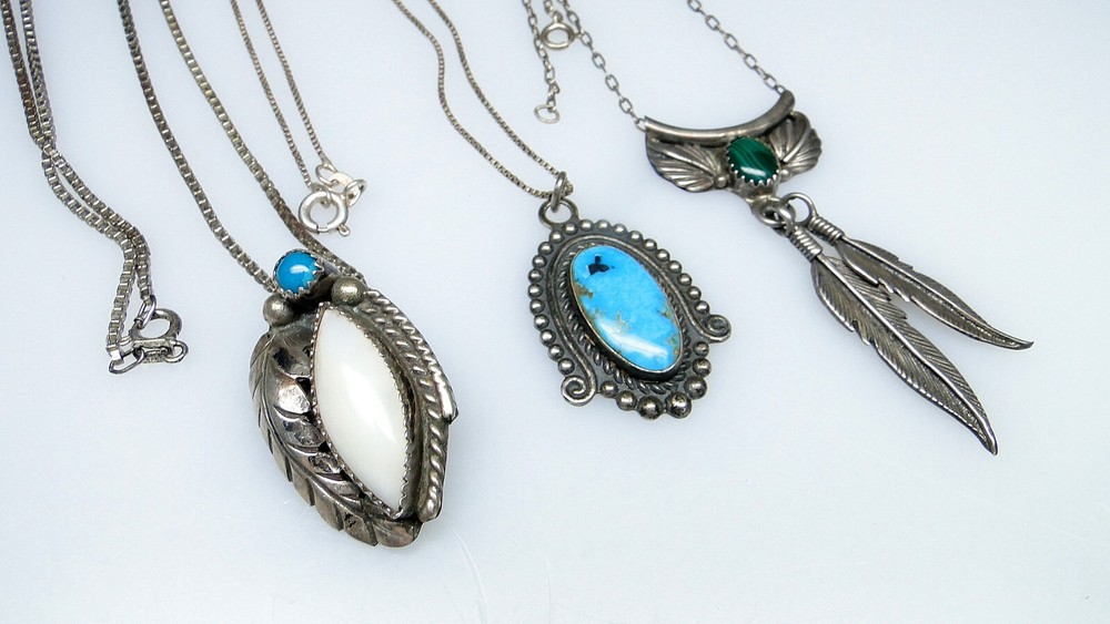 3 Vtg Sterling Southwest Necklaces w Turquoise MOP Malachite Lot