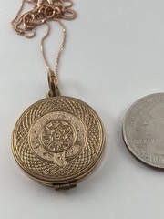 Antique Double Sided Rose Rolled Gold Flowers & Ribbon Design Locket Necklace