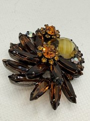 Vintage D&E Juliana Japanned Amber Art Glass AB Rhinestone Floral Brooch Pin VTG