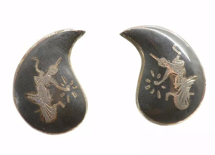 Vintage SIAM Sterling Silver NIELLO Ware Dancing Goddess Earrings Signed BB