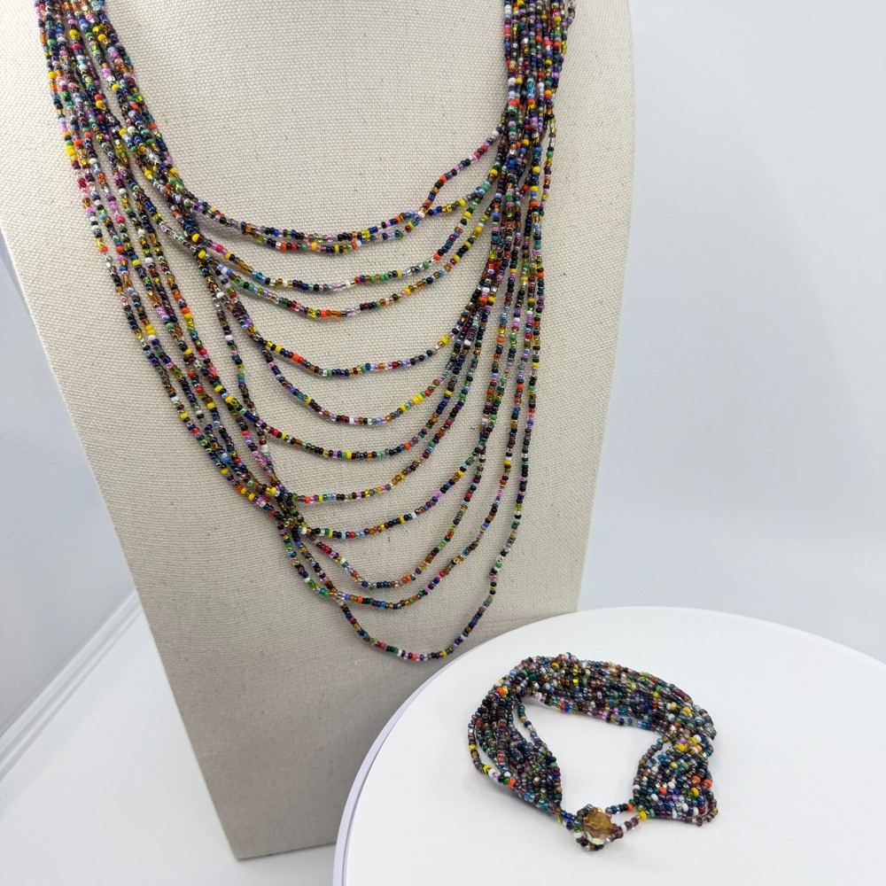 Boho Multi Strand Seed Bead Necklace & Bracelet Set Colorful Layering Festival