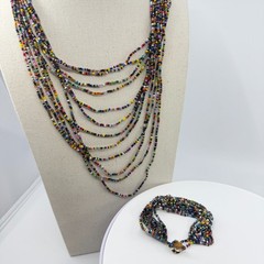 Boho Multi Strand Seed Bead Necklace & Bracelet Set Colorful Layering Festival