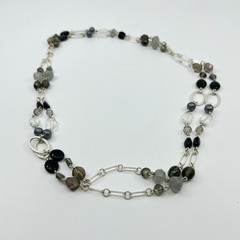Vintage Silver Tone Long Station Necklace Mixed Glass & Smoky Stone Beads
