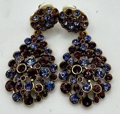 Vintage Oscar de La Renta Gold-Tone With Blue & Purple Crystal Drop Earrings