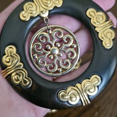 Vinatge Crown Trifari Necklace Large Brown Faux Tortuous Pendant Gold Tone Chain