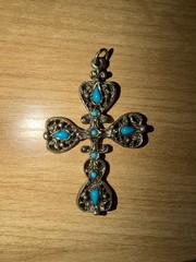 Vintage Silver Tone Roma Ornate Filligree Cross Faux Turquoise Cross Pendant