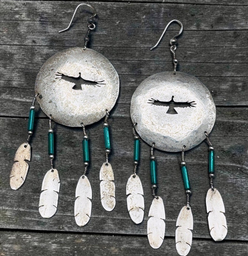 Vintage Sterling Silver Navajo Thunderbird Dream Catcher Earrings