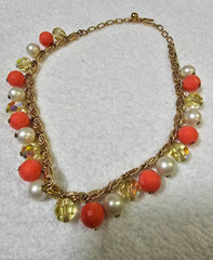 Trifari choker necklace w/ faux pearl orange & yellow citrine color beads 15in”