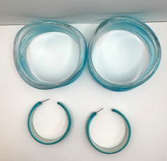 Chunky Lucite Bangles & Earring Set Silver Teal Marble Blue Hoops Bold Retro