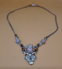 Vintage Anthony Silvertone Faux Opal And Clear Glass Rhinestone Necklace Ornate