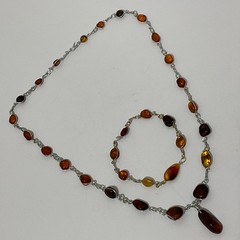 VtgGenuine Honey Cognac Amber Nugget Wire Wrapped Pendant Necklace Bracelet Set