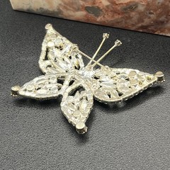 Mid Century Rhinestone Butterfly Brooch Silver Tone Navette Wings