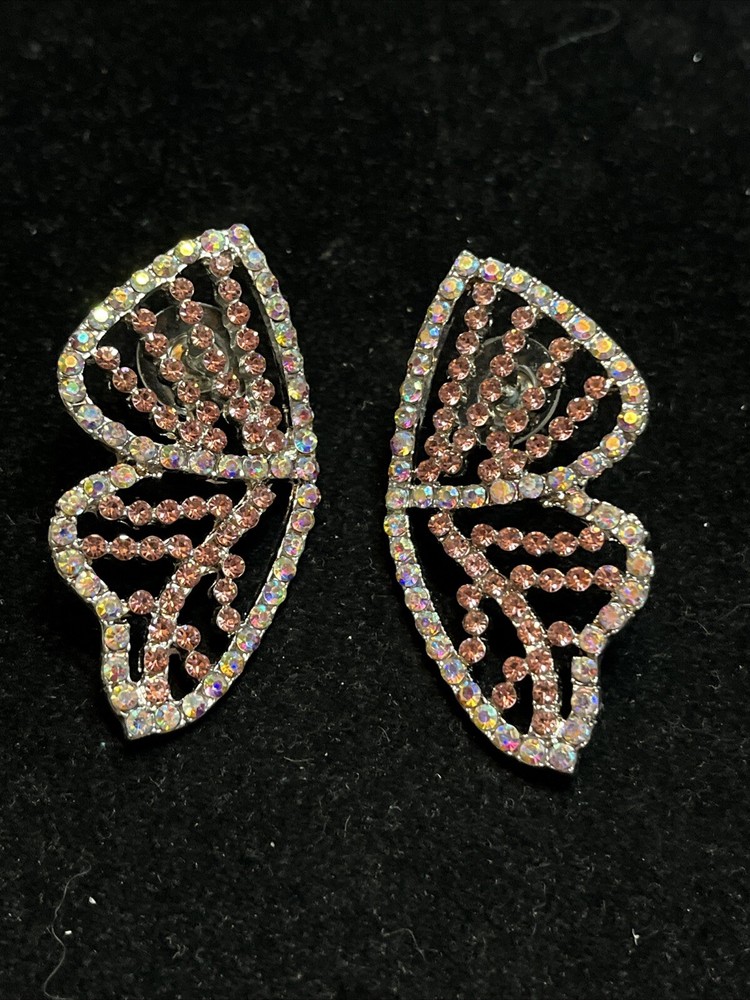 Glittery Butterfly Wing Pink AB Rhinestone Pierced Earrings