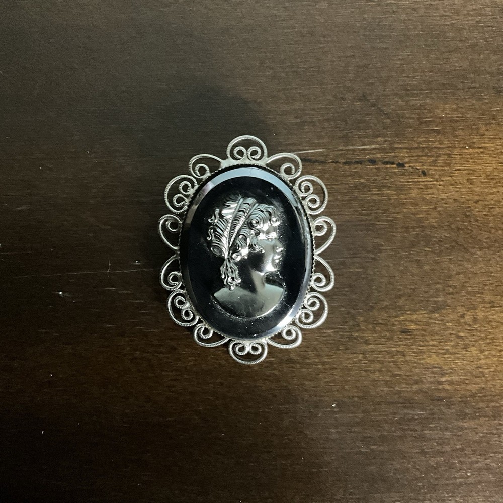 Vintage Hematite Cameo Brooch / Pendant, Silver / Black