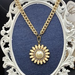 Custom Vintage Chunky Golden Rhinestone Sunflower Pendant Necklace, Easy Switch
