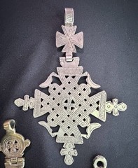Vintage Ethiopian Cross Pendant Birds Large 5” Heavy 42g Silver Hinged Bale