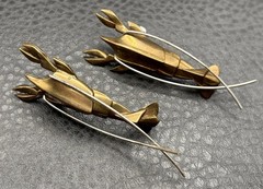 Unique Mixed Metal Modernist Vintage Lobster Brass Tone Figural Pierced Earrings