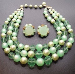2 Pc Vtg Mint Green: CORO 3 Strand Necklace, LISNER Thermoset Clip Earrings
