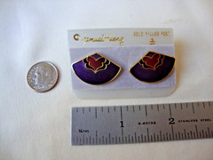 VINTAGE SAMUEL HUANG CLOISONNE RETRO ABSTRACT FAN RED BLACK & PURPLE EARRINGS