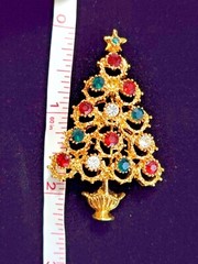 Vintage Jewelry Christopher Radko Christmas pin signed Rhinestone 2.5 in approx